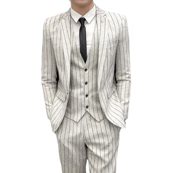 Новый высококачественный костюм в полоску из трех предметов для мужчин, приталенный жилет, Свадебный блейзер для жениха, Модный повседневный мужской костюм высокого качества