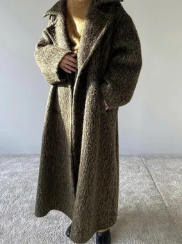 Осенне-зимнее женское шерстяное пальто из смеси шерсти и мохера с большим отложным воротником и длинными рукавами, женская двубортная свободная длинная куртка