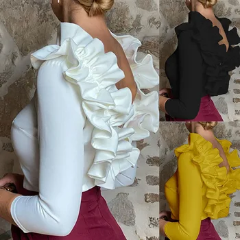 Осенняя элегантная укороченная рубашка с рюшами, женская одежда 2023 Y2K, INS, Сексуальная модная облегающая футболка с длинным рукавом и круглым вырезом без спинки