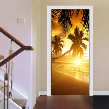 Пальма Восход Солнца Пляжный Пейзаж 3D ПВХ Водонепроницаемая Наклейка На Дверь Домашний Декор Гостиная Плакат Для Спальни Обои Самоклеящиеся