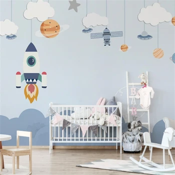 Пользовательские обои Blue Planet Rocket для детской комнаты, мультяшные обои, комната для мальчиков, Детский сад, настенная роспись, украшение гостиной