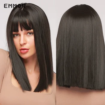 Синтетический черный парик Бобо Emmor с челкой, Короткие Прямые Парики в стиле Лолиты для женщин, Натуральные Термостойкие Парики для косплея