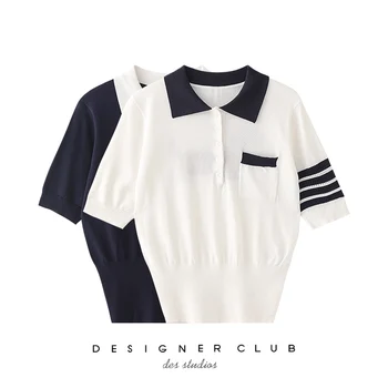 Футболка-поло контрастного цвета в британском стиле TB с четырьмя полосками, вязаный дизайн из ледяного шелка, чувство ниши, высококачественная футболка с короткими рукавами, женская