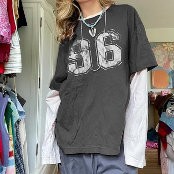 Футболки в стиле пэчворк с буквами y2k, Женские Повседневные Свободные винтажные футболки с круглым вырезом, уличная одежда 90-х, Повседневные стильные наряды