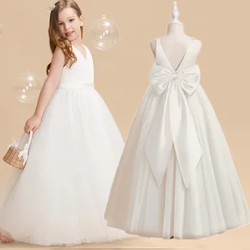 Элегантное праздничное платье Принцессы для девочек от 5 до 14 лет, Белое Тюлевое Длинное платье с большим бантом для 1-го Причастия, платья подружек невесты для девочек на свадьбу